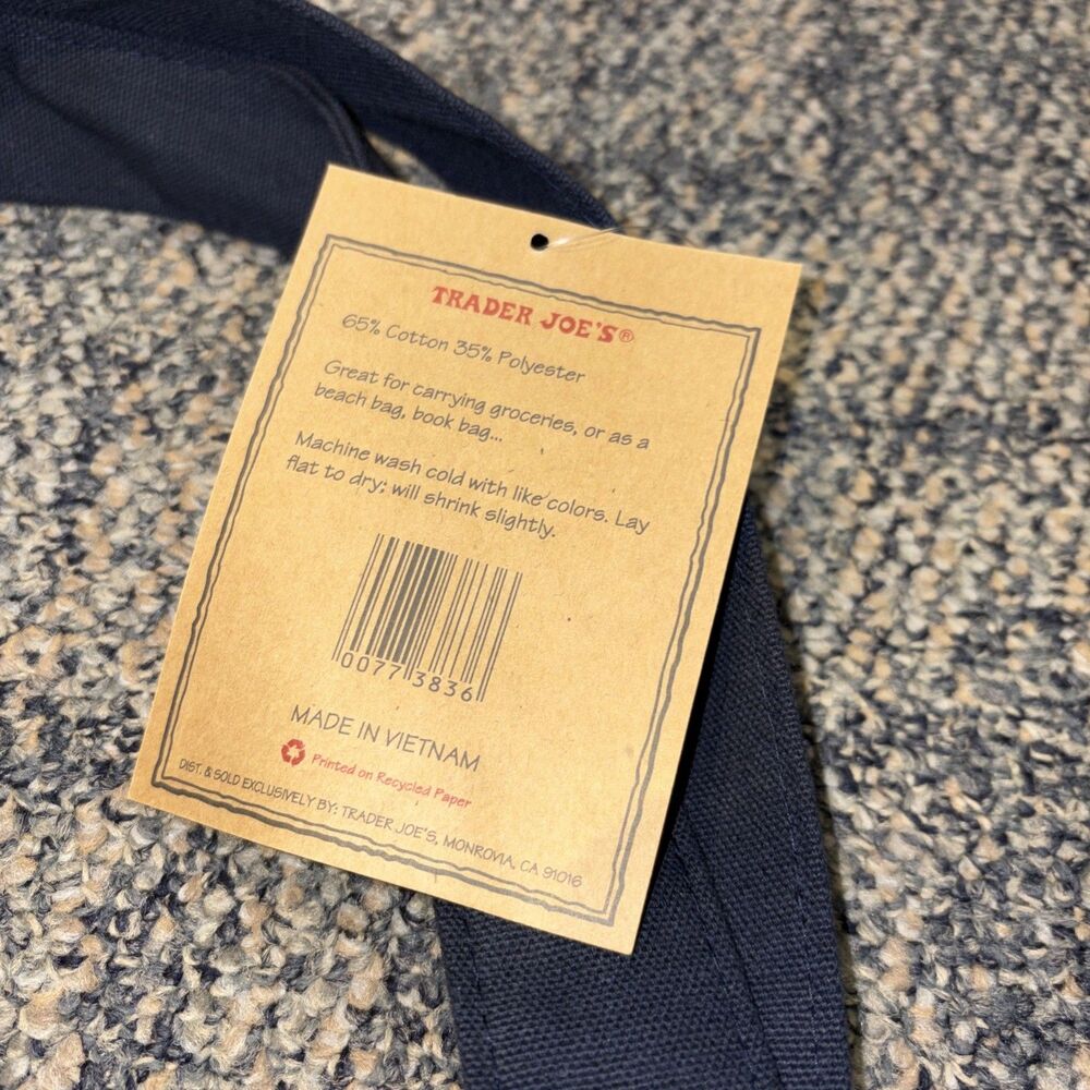 Trader Joe's Large Navy Blue Canvas Cotton Tote Bag Reusable Brand New with Tag - Picture 3 of 3